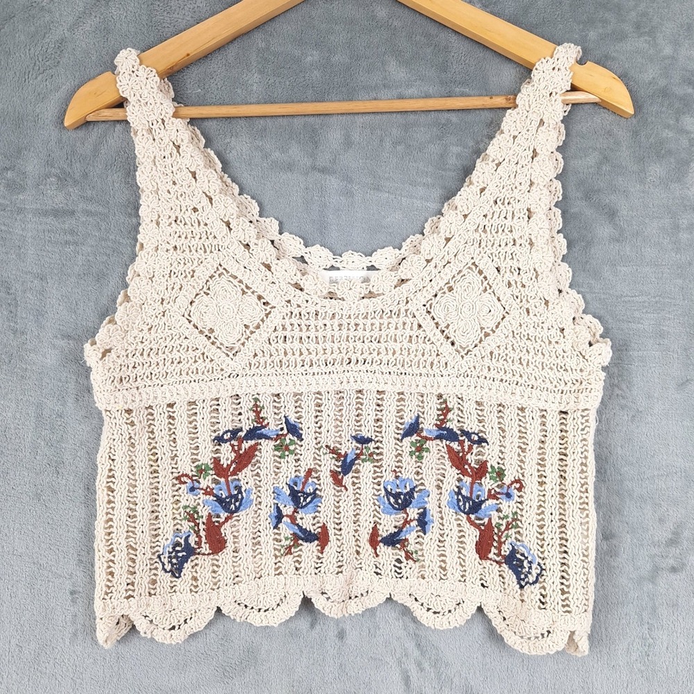 Womens Top Small Boho Festival Cottage Crochet Cropped Floral Hippie Retro Tank